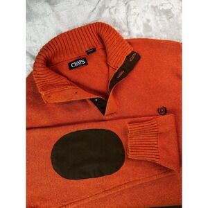 Chaps Sweater Mens XL Orange Mock Neck Quarter Button‎ Elbow Patch Knit Preppy